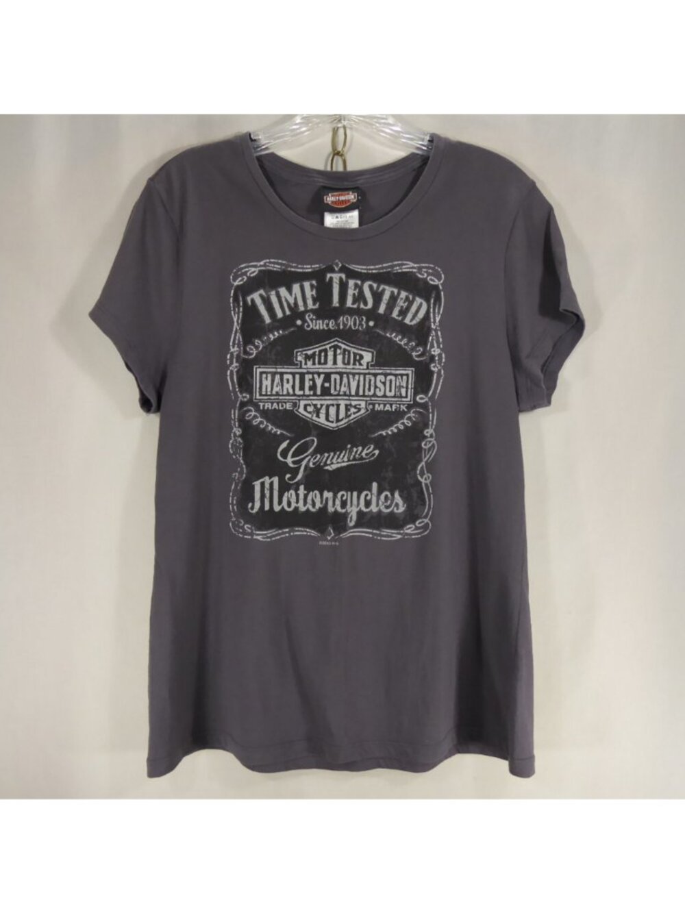 Harley Davidson Womens L Grey Time Tested Whiskey Label T-Shirt Lynchburg TN